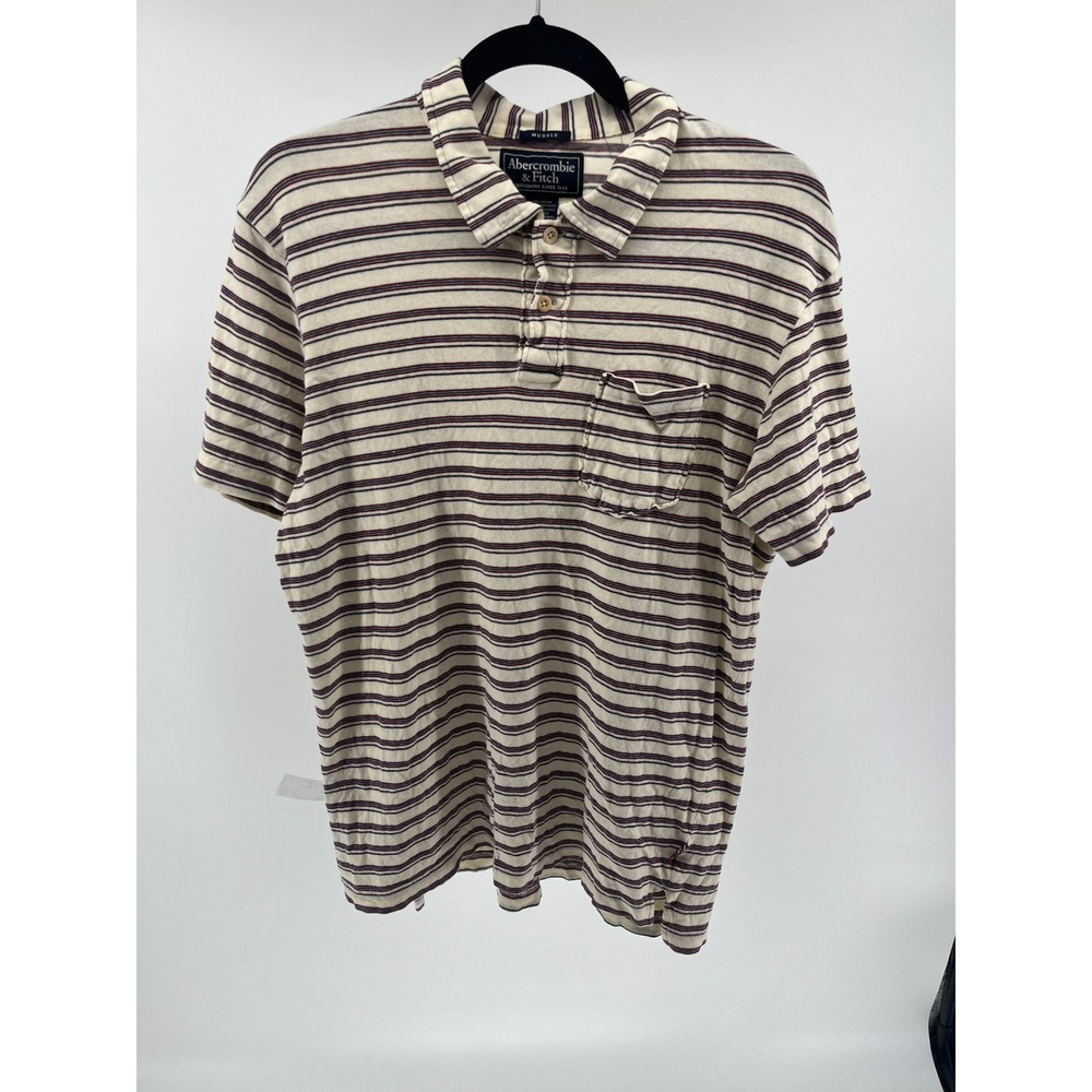 Abercrombie & Fitch Mens Muscle Fit Polo Shirt Large Cream Burgundy Striped L‎